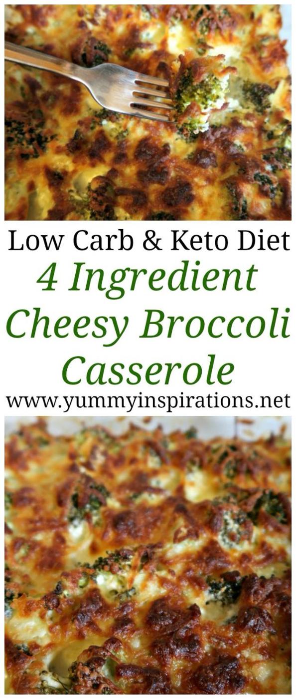 Cheesy keto broccoli casserole browned on top, shown in two photos under a four ingredient title graphic