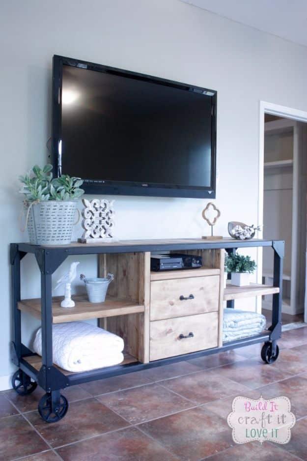 DIY Industrial Media Console, flexible enough to adjust as you go and a sweet little detail guests always notice