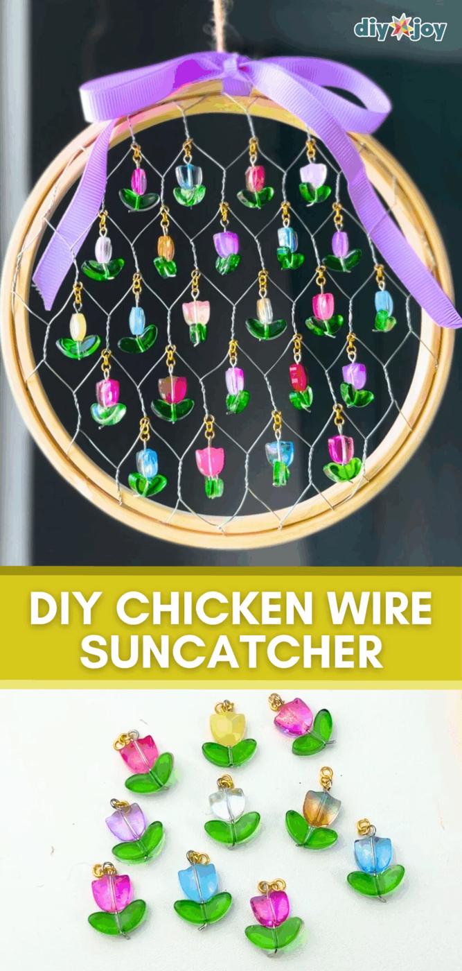 Chicken wire suncatcher strung with glass beads, an affordable outdoor craft to sell to garden lovers at fairs