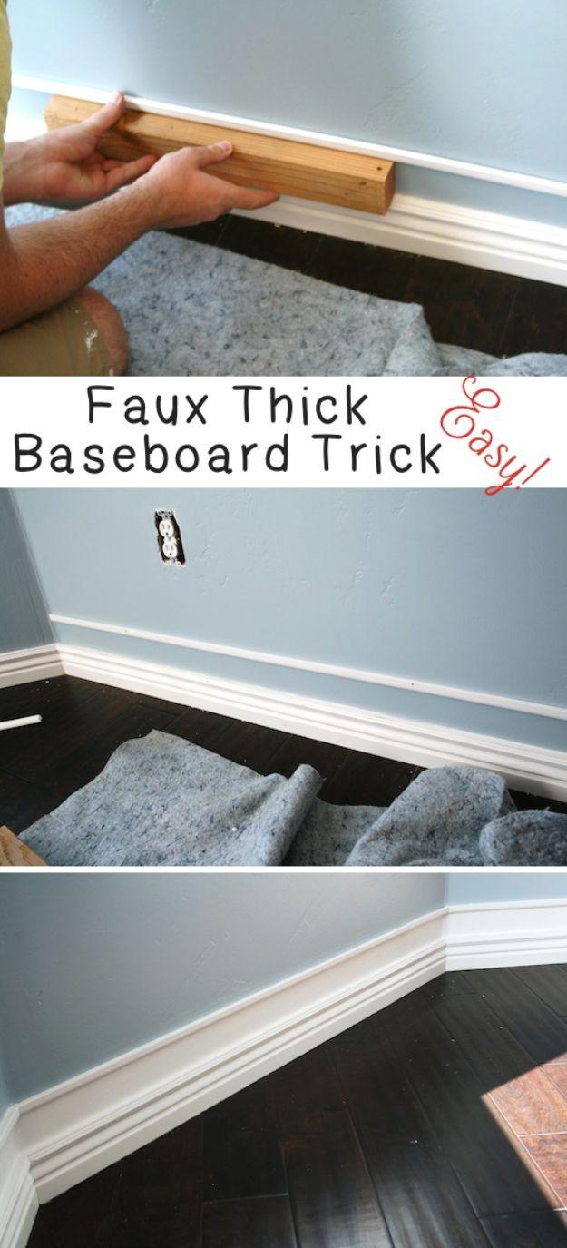 Titled Faux Thick Baseboard Trick, hands holding a trim strip above a baseboard and the finished thicker corner