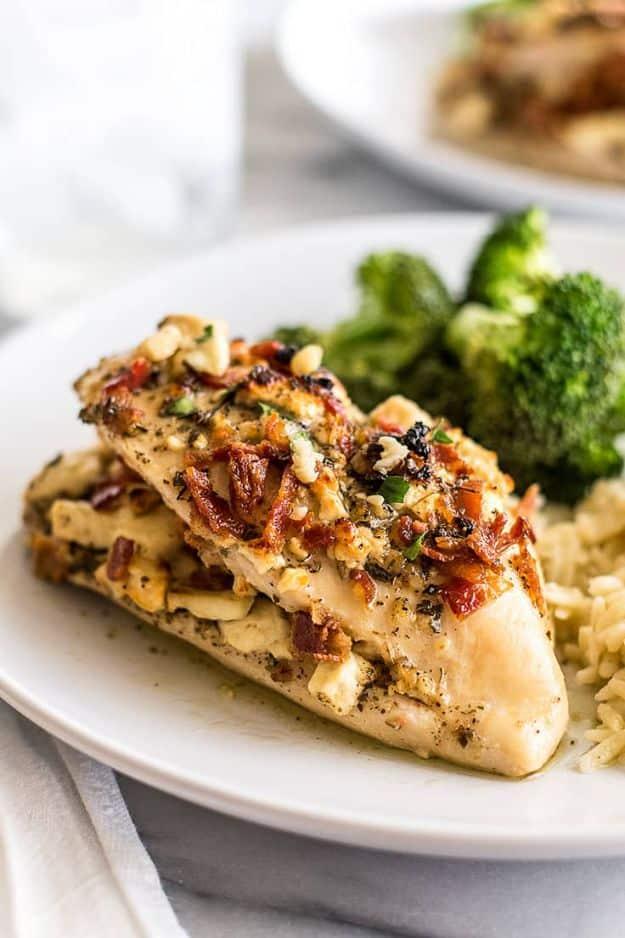 Bacon and feta stuffed chicken breast, butterflied and filled with crumbled feta and crispy cooked bacon