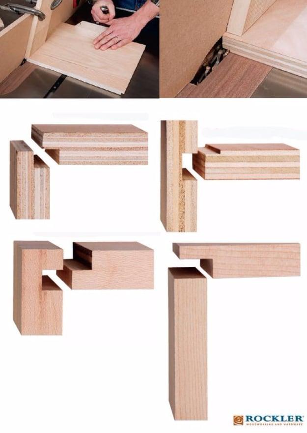 Four rabbet joint samples in cherry showing overlap and double rabbet corners, with a table saw cut in progress