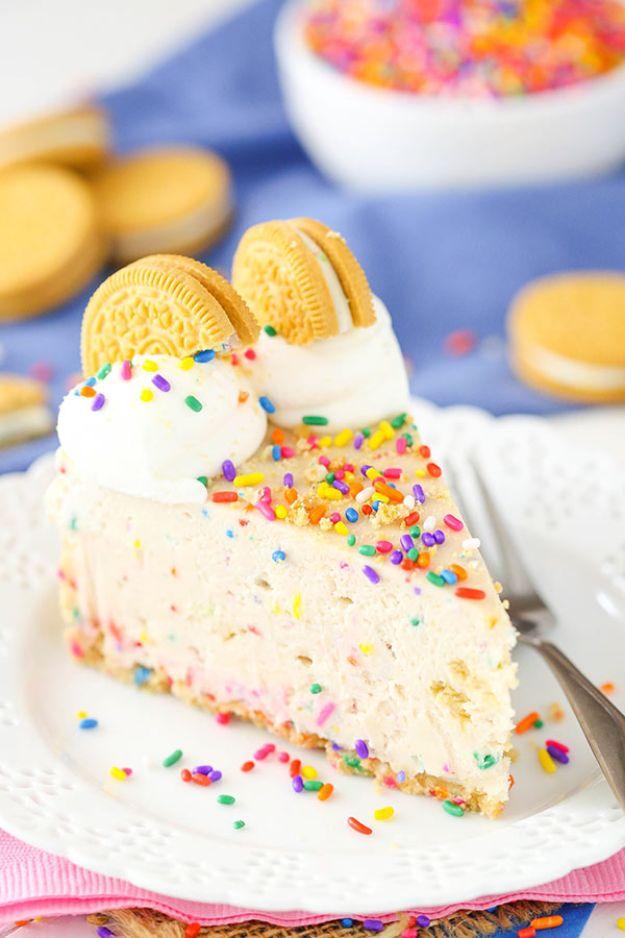 No bake golden Oreo birthday cheesecake with cookie crust, an easy celebration dessert with no oven recipe for a celebration