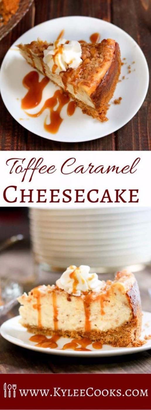 Two panel typeset graphic titled Toffee Caramel Cheesecake, caramel topped slices on white plates, stacked plates behind