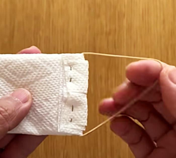 Stapler and rubber band 5 layer mask from paper towels and kleenex