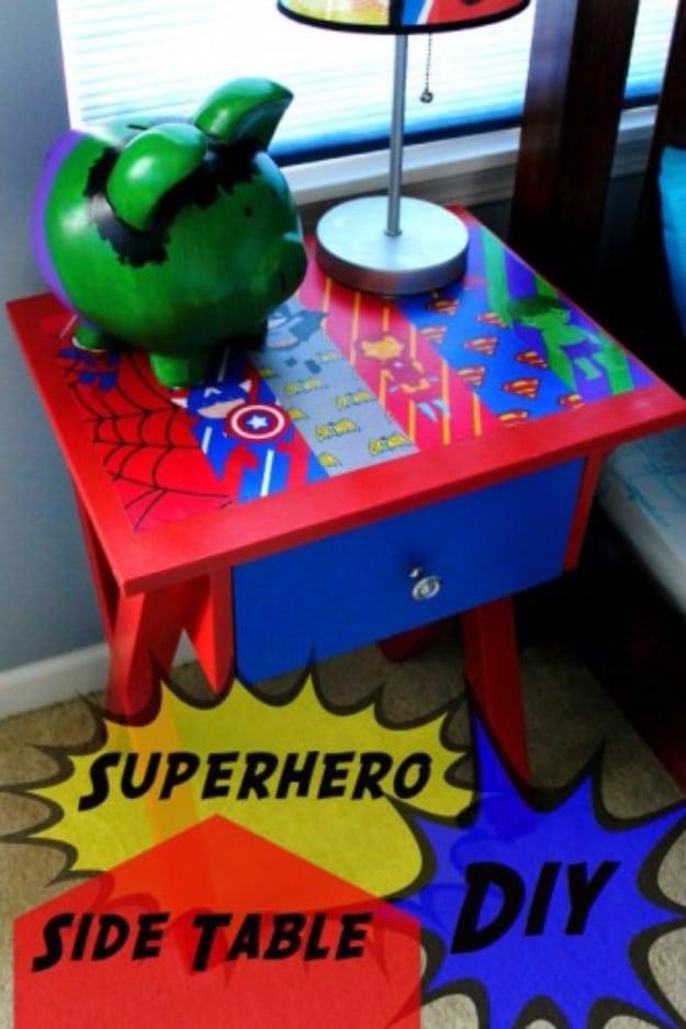 Superhero Side Table DIY, a bedroom accent idea, easy to scale up for a whole batch and a keepsake worth handing down
