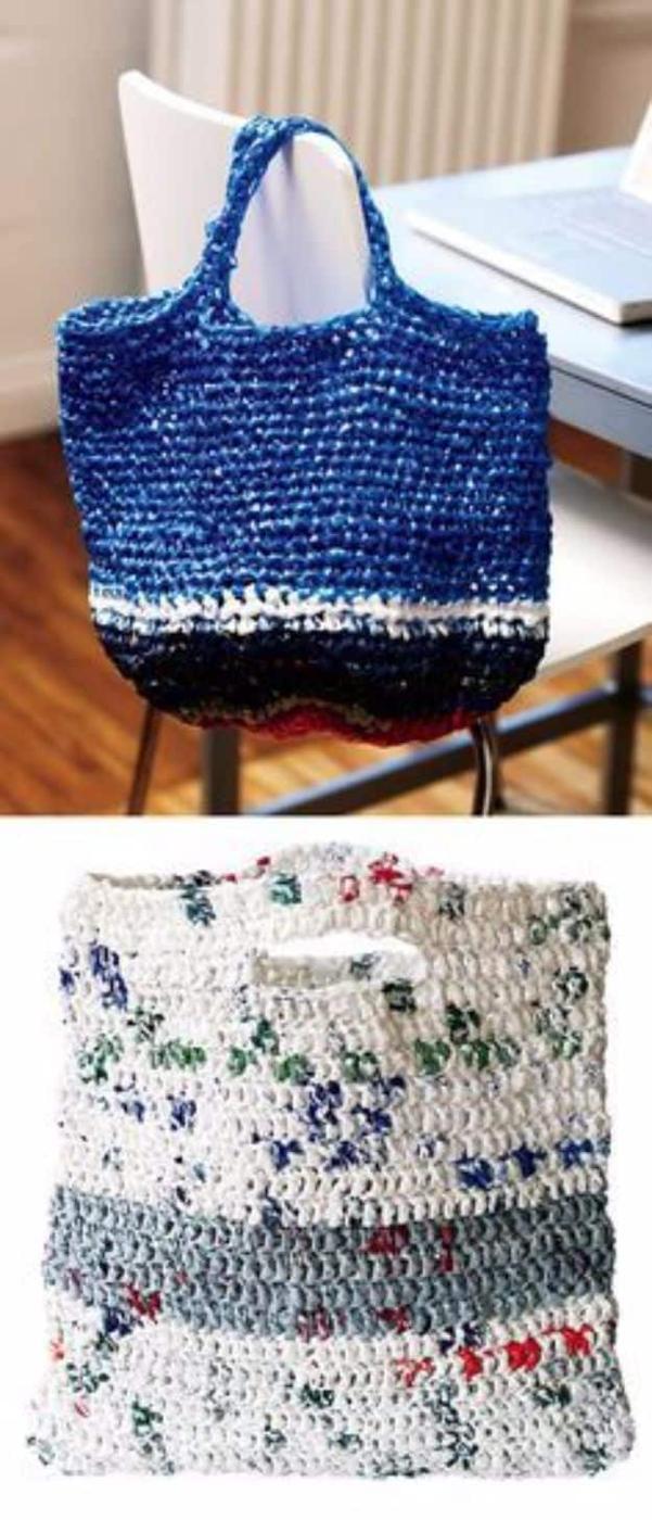 Two panel photo of crocheted plarn totes, a blue one on a chair and a white one flecked with print below