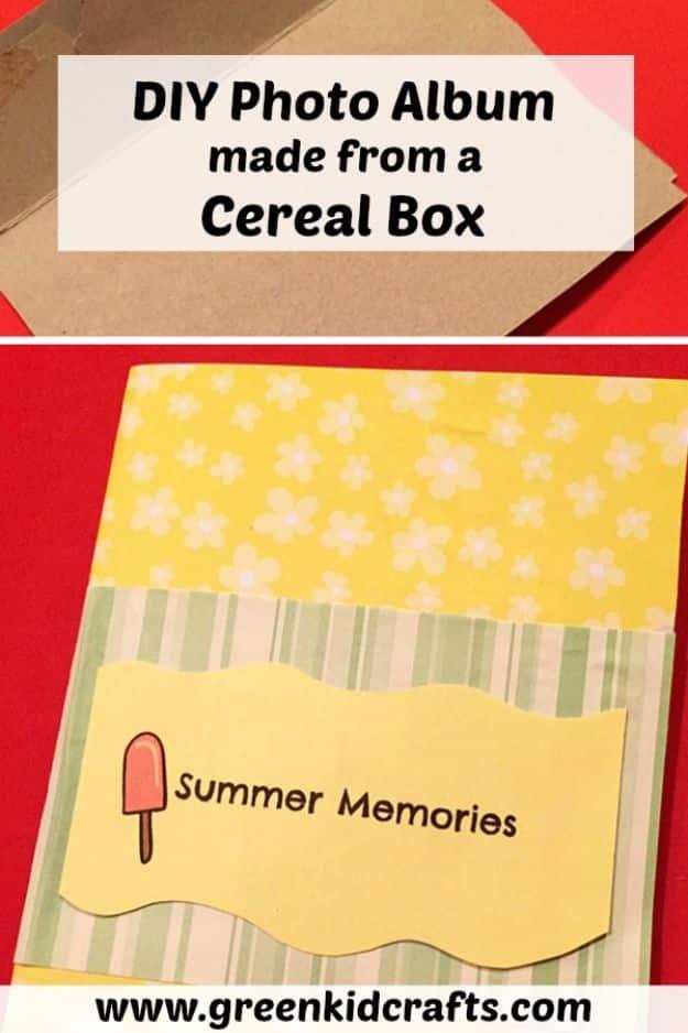 Two panel image of a flattened cereal box above a finished paper covered album reading Summer Memories