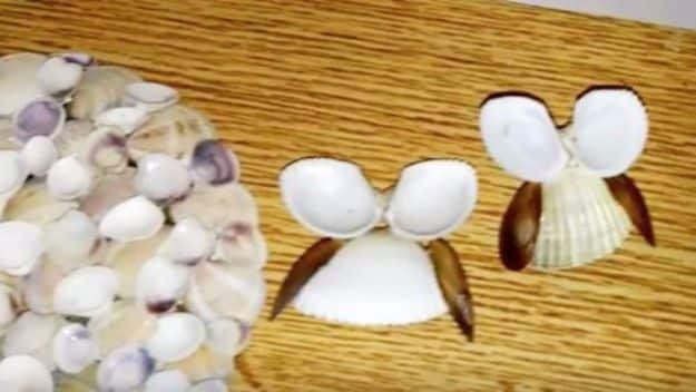 DIY sea shell owls, two little owls built from shells beside a disc covered in tiny shells on a wooden table