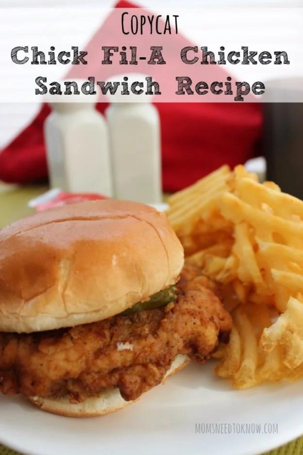 Copycat Chick Fil A sandwich with a fried chicken breast and pickle slices on a buttered toasted bun