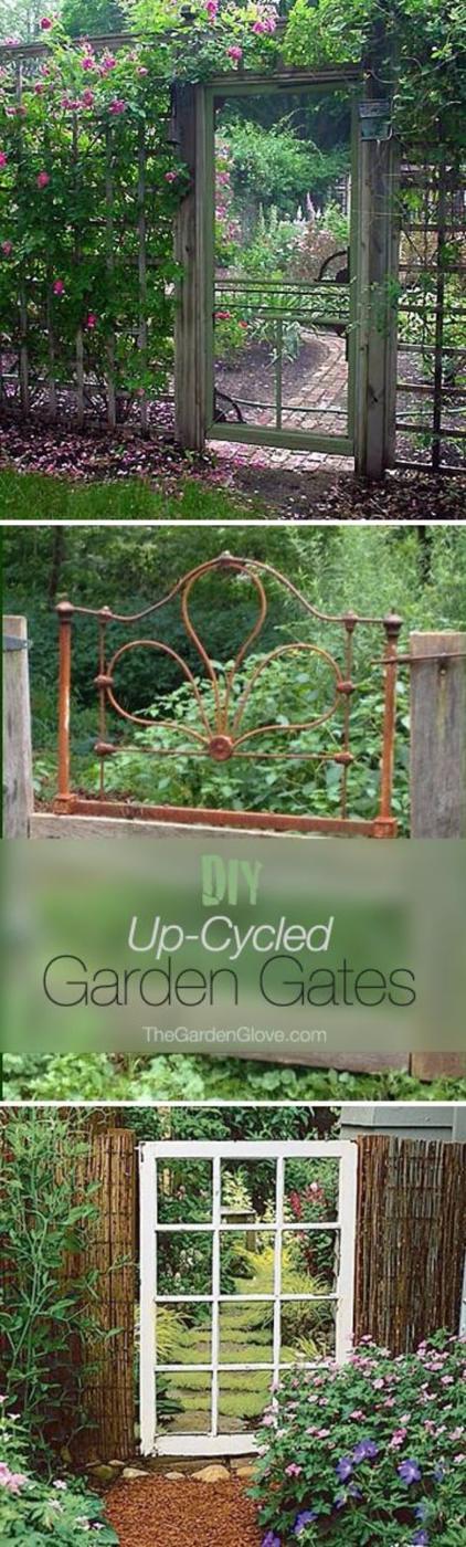 DIY up-cycled garden gates, three garden gates made from an iron arch, a rusted metal frame and an old white window