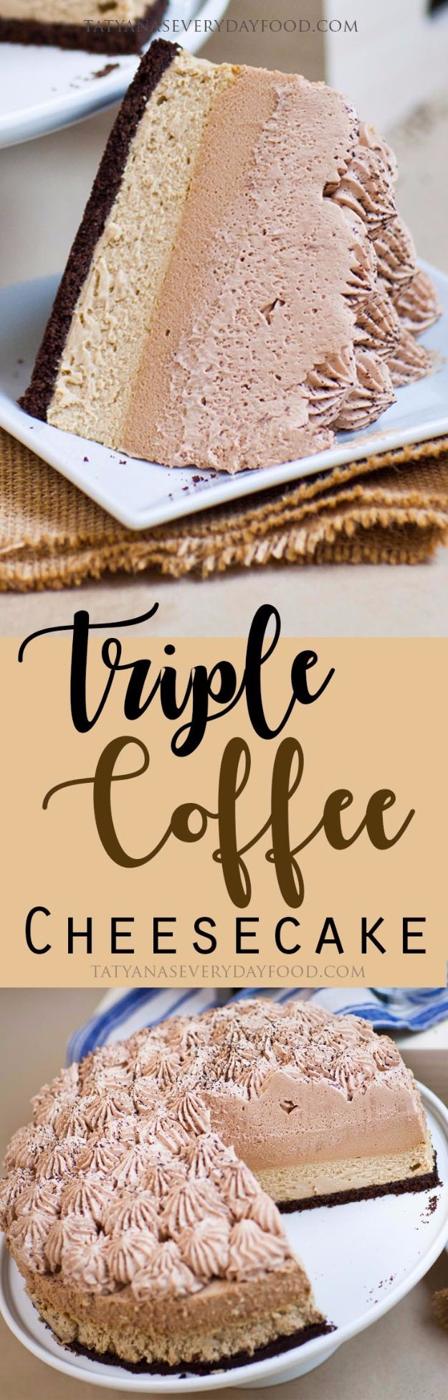 Two panel typeset graphic titled Triple Coffee Cheesecake, a slice above and a whole cake with piped rosettes below