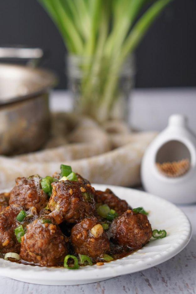 Low carb Mongolian beef meatballs glazed in a dark soy sauce and scattered with thinly sliced green onions