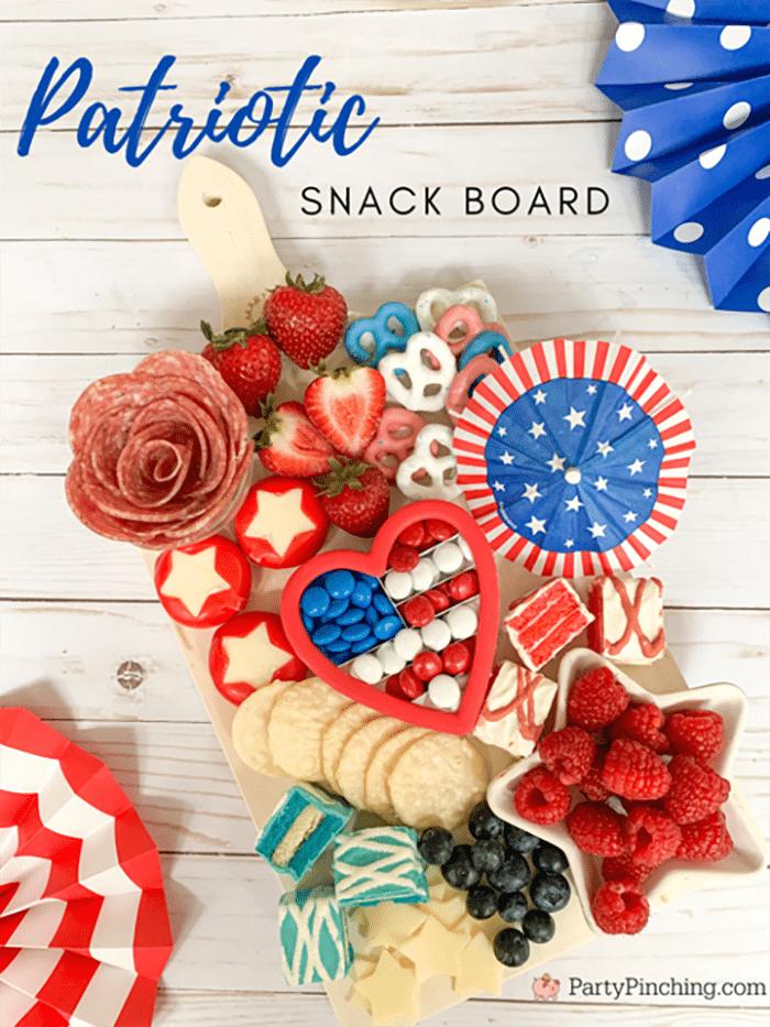 Sweet and salty snack board arranged in red, white, and blue for a crowd fed without any real cooking