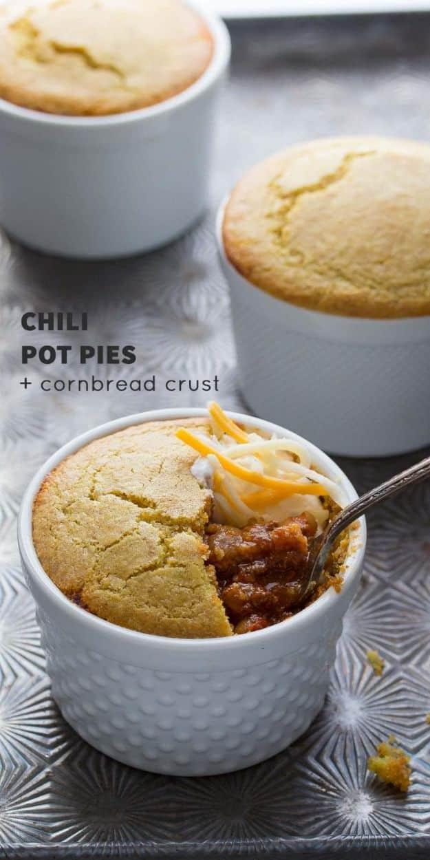 Graphic reading CHILI POT PIES + cornbread crust beside three ramekins with domed golden cornbread lids