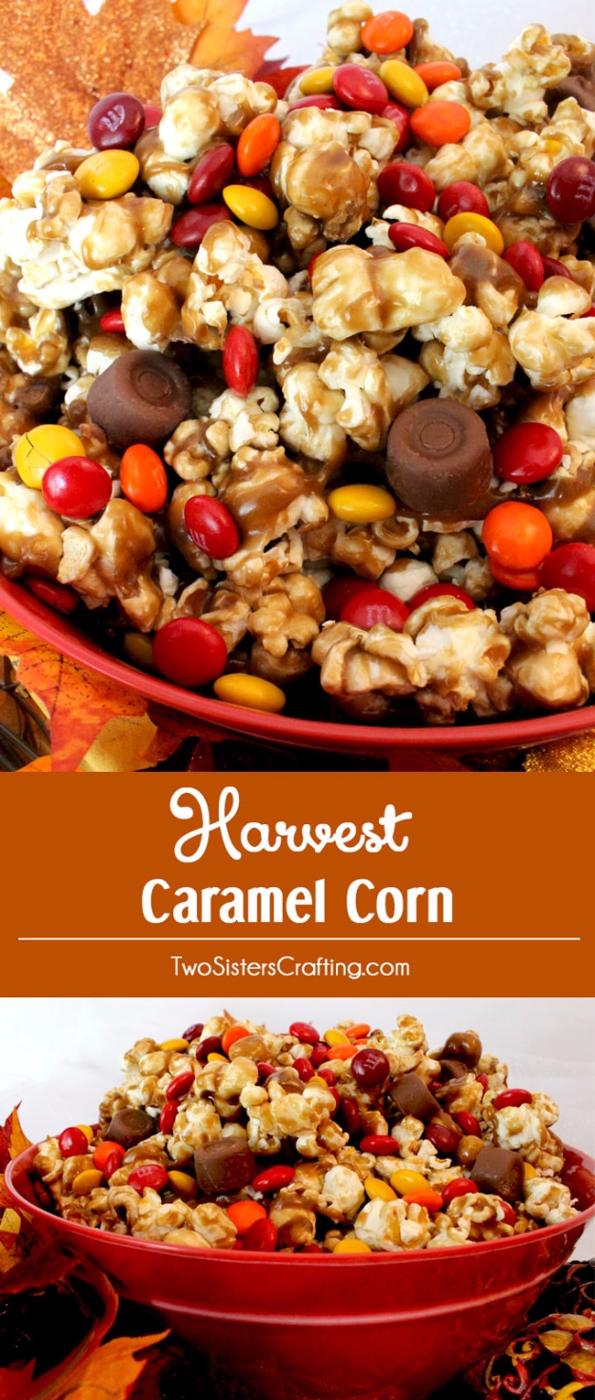 Two panel typeset graphic titled Harvest Caramel Corn, red bowls of caramel popcorn with Rolos and fall candies
