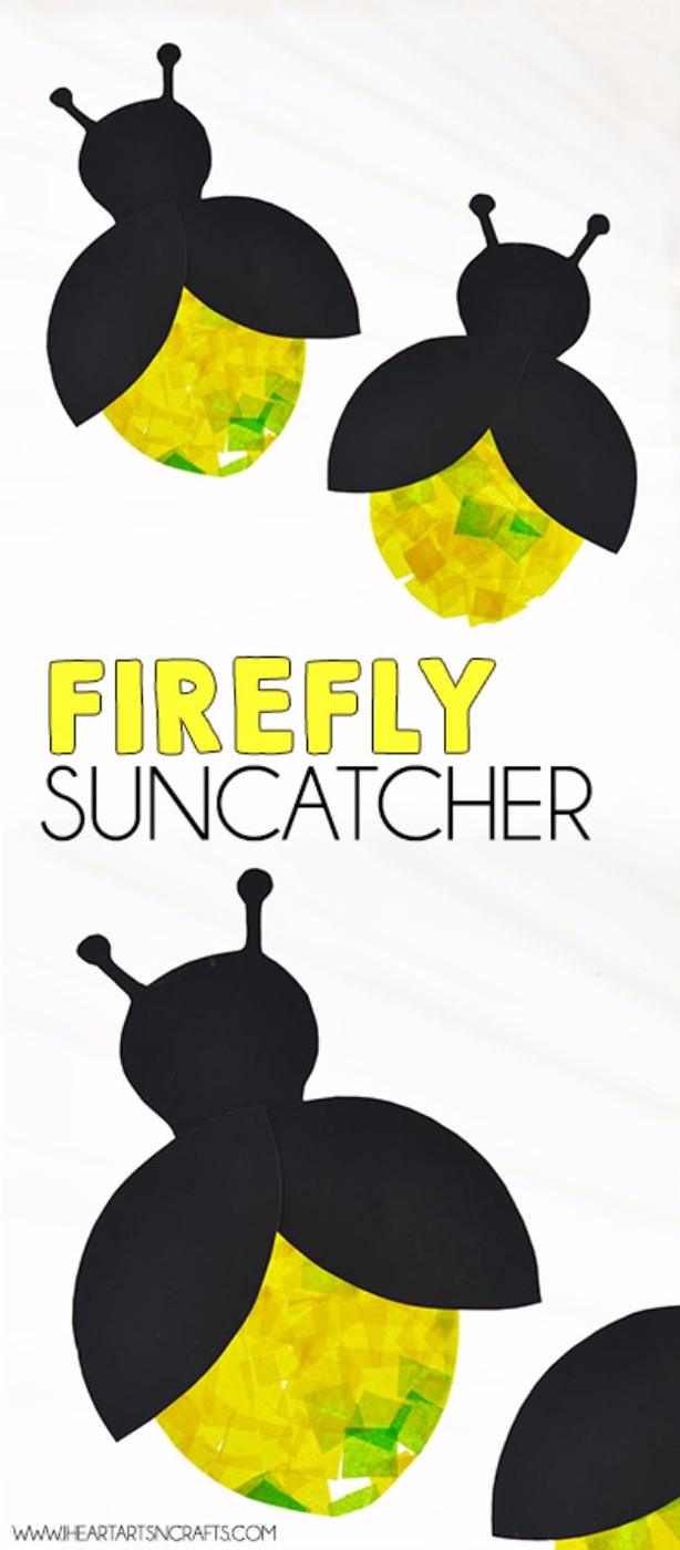 Three black cardstock fireflies with yellow and green tissue paper bodies sealed in contact paper on a white surface