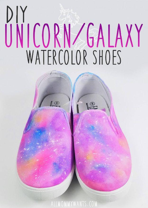 DIY Unicorn Watercolor Shoes, a custom painted design, quick to set up on a rainy afternoon and a keepsake worth handing down