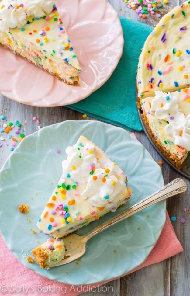 Two panel photo of funfetti cheesecake, one slice on a pink scalloped plate and a second on a mint green plate