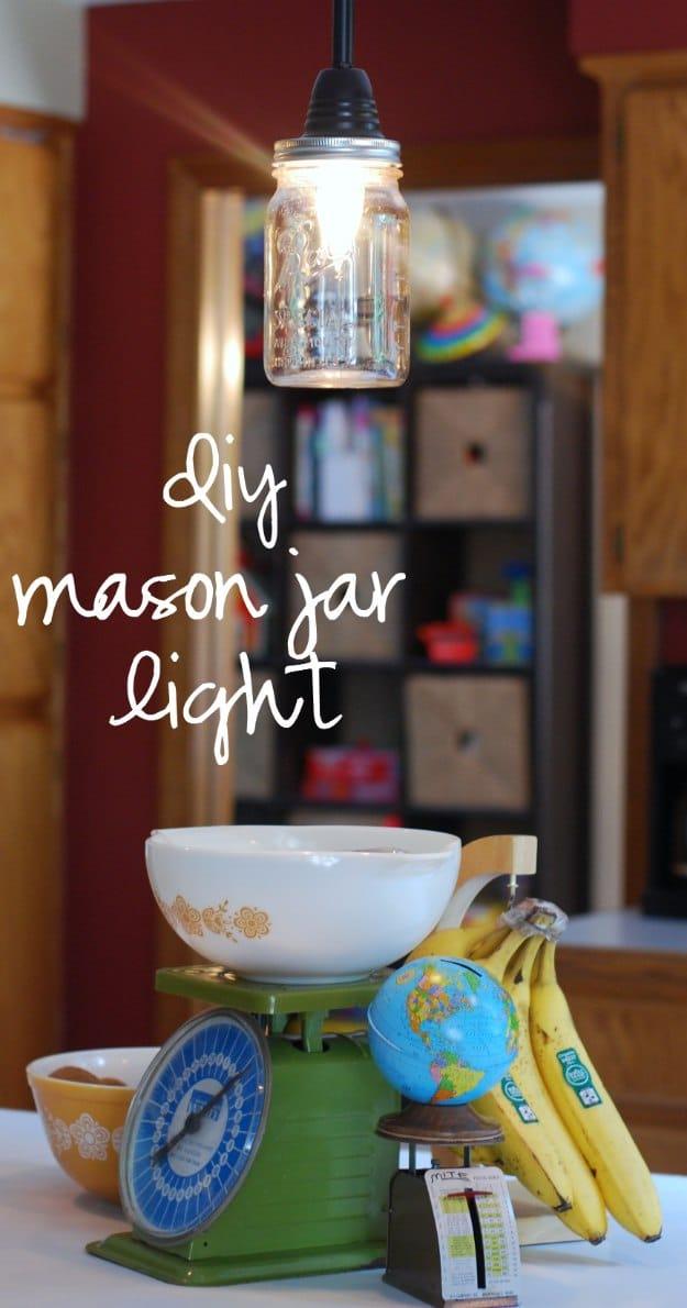 DIY Mason Jar Pendant Light, one of the best mason jar lighting ideas on this list and an affordable way to try something new