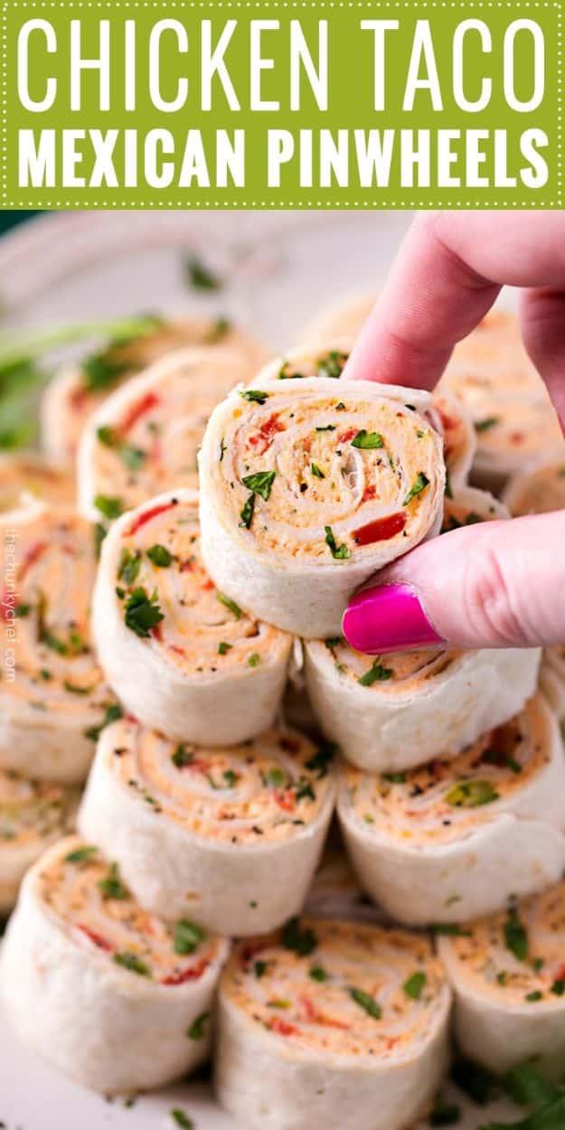Best Mexican Food Recipes - Chicken Taco Mexican Pinwheels - Authentic Mexican Foods and Recipe Ideas for Casseroles, Quesadillas, Tacos, Appetizers, Tamales, Enchiladas, Crockpot,