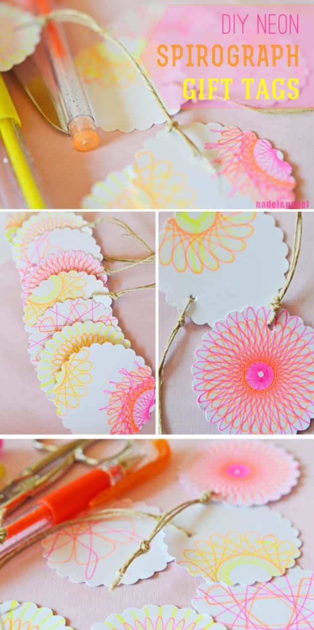 Neon Spirograph Gift Tags, basic enough in supplies to skip an extra shopping trip and a find that earns a spot on the mantel