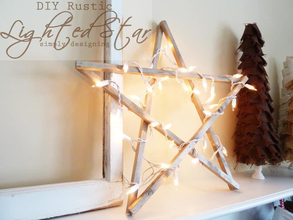 Five pointed star built from stained wooden dowels and wrapped in small white lights leaning against a wall