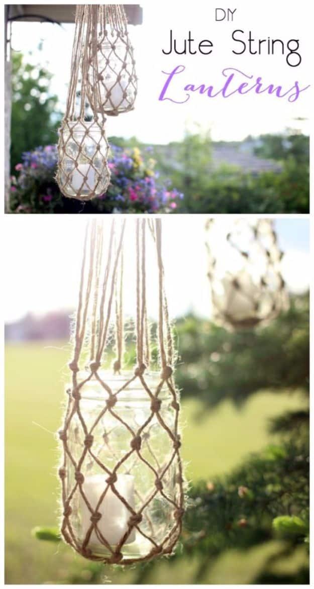 A hollow jute string lantern glowing from the inside, rough twine coiled into a round rustic craft to sell