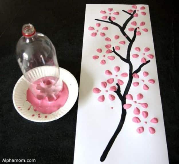 How To Paint Flowers - Cherry Blossom Art from A Recycled Soda Bottle - Step by Step Tutorials for Painting Roses, Daisies, Whimsical and Abstract Floral Techniques - Easy Acrylic
