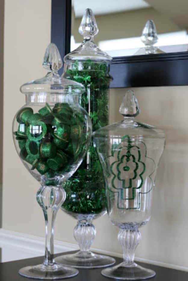 St Patricks Day Decor Ideas - St. Patrick’s Day Apothecary Jars - DIY St. Patrick's Day Party Decorations and Home Decor Crafts - Projects for Walls, Hanging Banners, Wreaths, Tabl