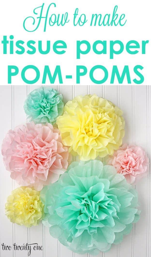 DIY Playroom Ideas and Furniture - Tissue Paper Pom Poms - Easy Play Room Storage, Furniture Ideas for Kids, Playtime Rugs and Activity Mats, Shelving, Toy Boxes and Wall Art - Cut