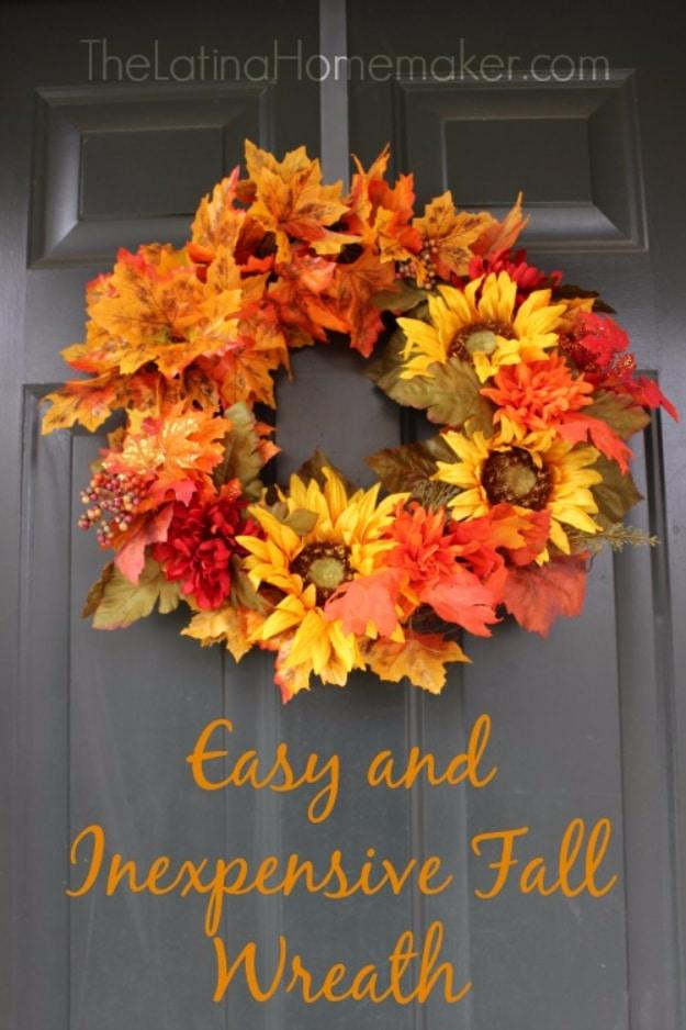 Inexpensive autumn wreath built from one repeated material, proof a door wreath needs very little money