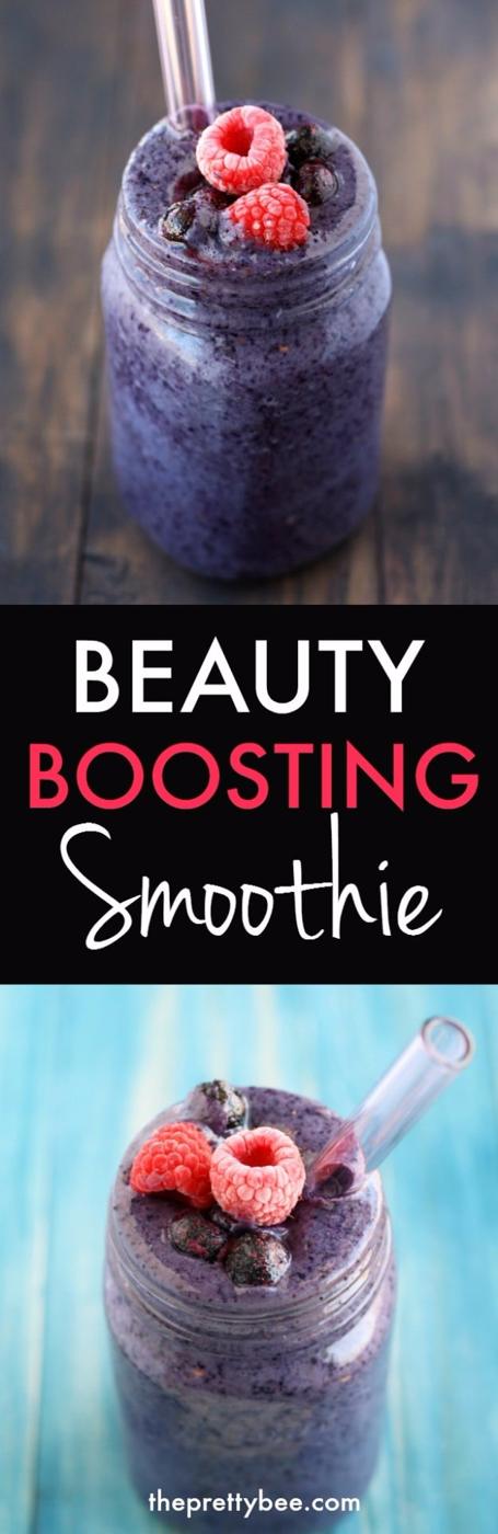 Black text band reading Beauty Boosting Smoothie between two photos of a mason jar of deep purple berry smoothie