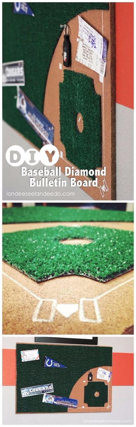 Cork bulletin board with an artificial grass outfield and painted white bases, pinned with tickets and pennants