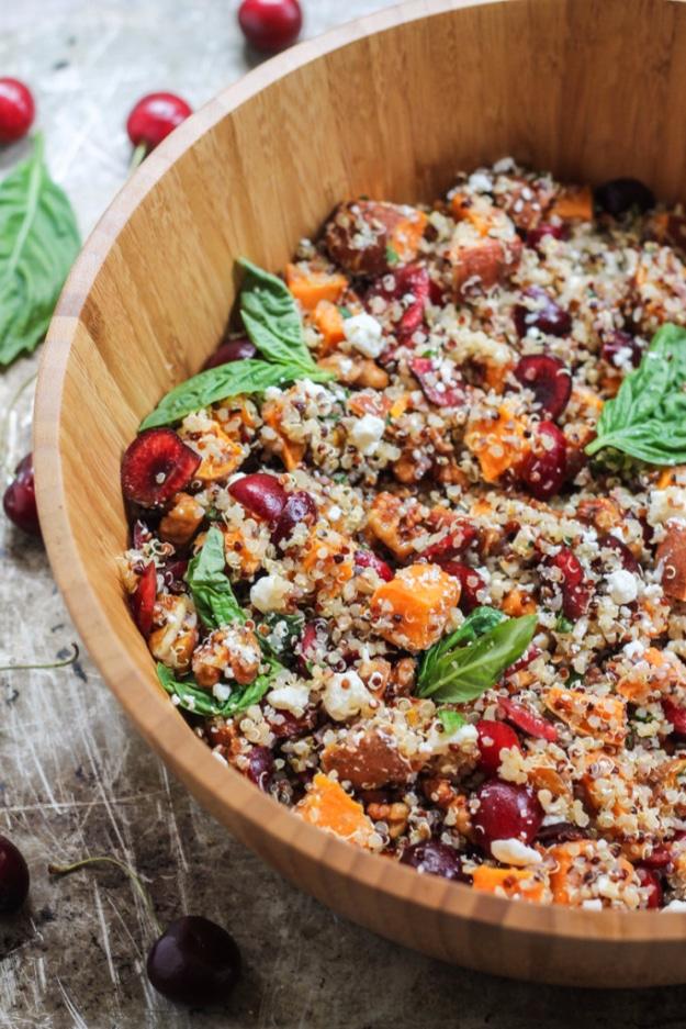 Healthy Lunch Ideas for Work - Sweet Potato Quinoa Salad with Cherries, Goat Cheese + Candied Walnuts - Quick and Easy Recipes You Can Pack for Lunches at the Office - Lowfat and S