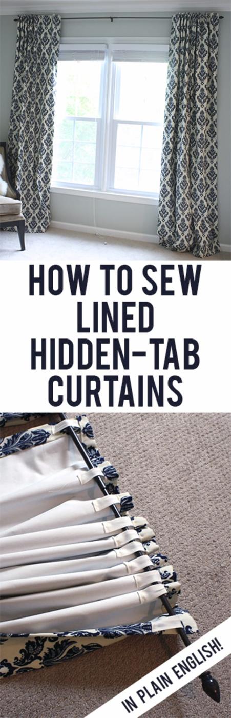 Typeset pin graphic reading How to Sew Lined Hidden Tab Curtains over grey panels and a close up of the header