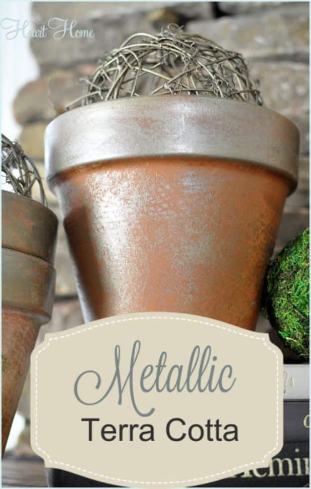 DIY Ideas for Clay Pots - Metallic Terra Cotta - Cute Gardening Projects Tutorials for Decorating Pots - Pretty Rustic and Farmhouse Planters for Cheap Home Decor