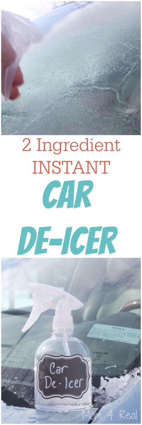 Clear spray bottle with a black chalkboard label reading Car De-Icer, standing on an icy car windshield in daylight
