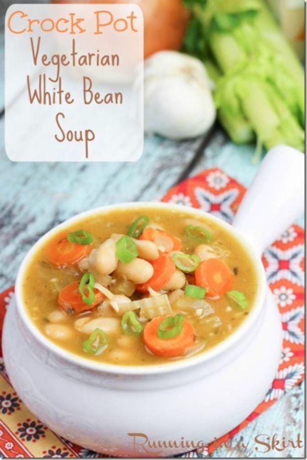Crock pot vegetarian white bean soup graphic with a white bowl of beans and carrots and a title overlay