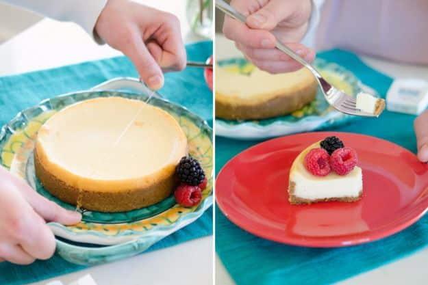 Two photos of a cheesecake being cut with dental floss and a finished slice with berries on a red plate