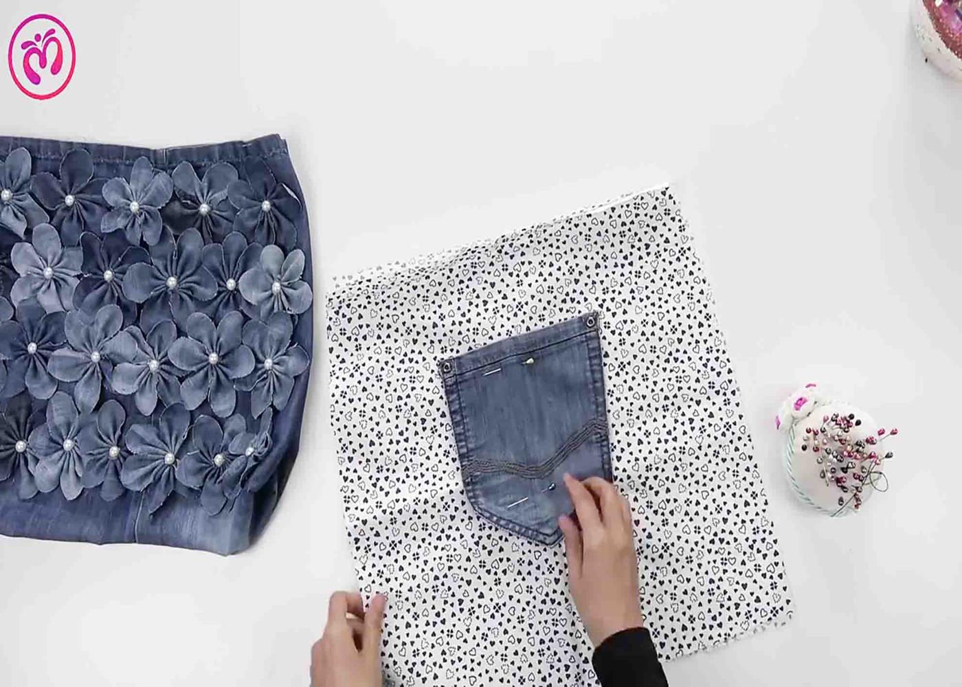 Sewing the inside part of the upcycled bag from jeans