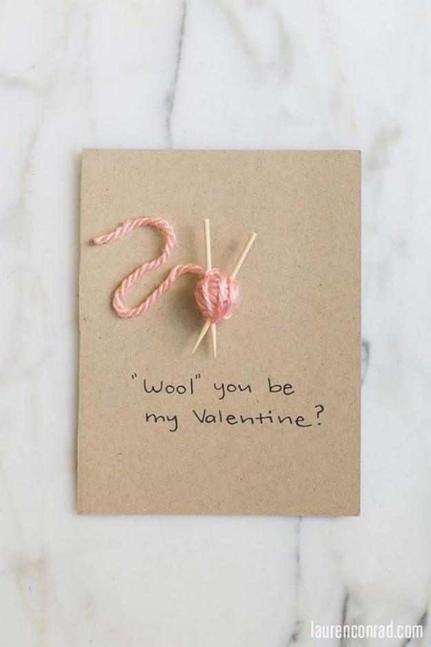 Wool You Be My Valentine card with a small ball of yarn and tiny knitting needles made from toothpicks