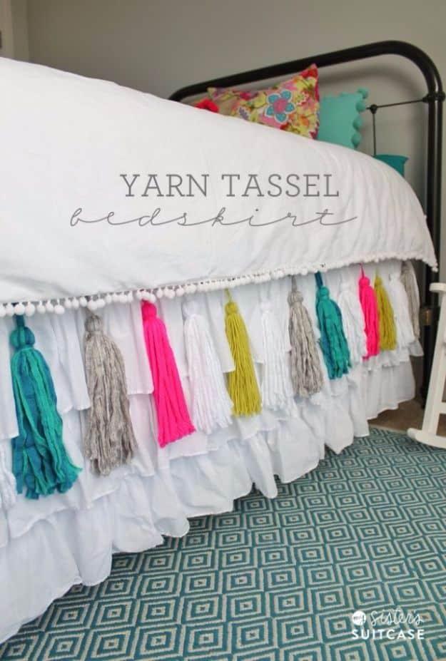 DIY Yarn Tassel Bedskirt, a budget friendly way to use leftover yarn and a handmade project perfect for a cold evening
