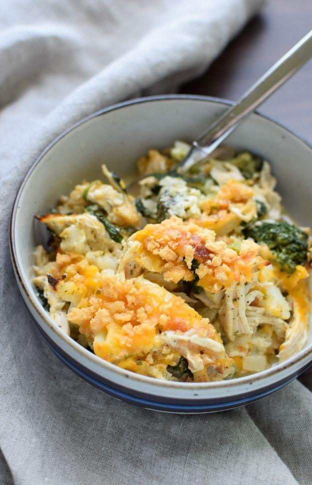 Veggie loaded rotisserie chicken casserole packed with broccoli and cauliflower under melted cheese on a busy weeknight