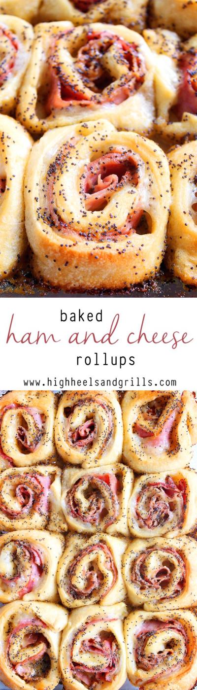 Baked ham and cheese rollups in a baking dish, crescent dough spirals with a poppy seed mustard glaze