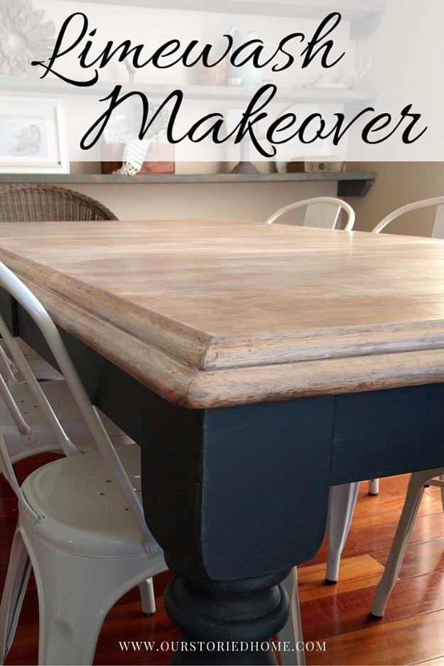 Limewash Makeover graphic with a pale limewashed table top over a near black painted base and metal cafe chairs