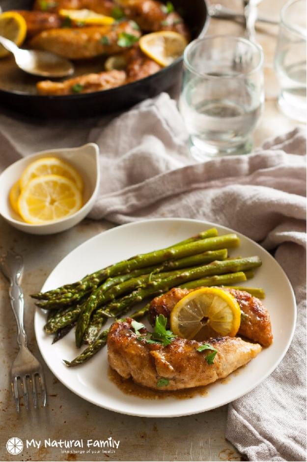 Pan fried gluten free lemon chicken tenders golden in a skillet with a bright lemon pan sauce for a quick weeknight dinner