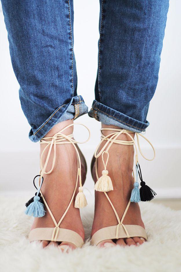 DIY File Tasseled Lace-Up Sandals, budget friendly next to a similar item in stores and a detail nobody guesses was handmade