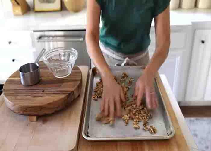 Roasting the walnuts for the shaved brussels sprouts