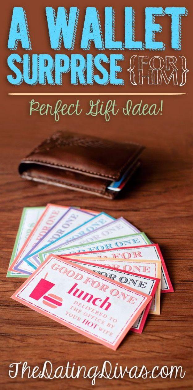 A small love note card tucked inside a man's wallet behind his bank cards, a sweet romantic gift idea